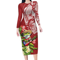 Puerto Rico Coqui Frog Long Sleeve Bodycon Dress Tropical Flowers Polynesian Style LT05 Long Dress Red - Polynesian Pride