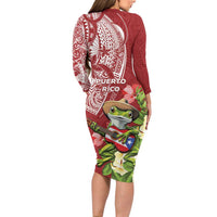 Puerto Rico Coqui Frog Long Sleeve Bodycon Dress Tropical Flowers Polynesian Style LT05 - Polynesian Pride