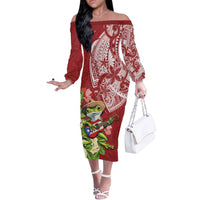 Puerto Rico Coqui Frog Off The Shoulder Long Sleeve Dress Tropical Flowers Polynesian Style LT05 Women Red - Polynesian Pride