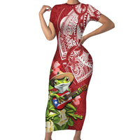 Puerto Rico Coqui Frog Short Sleeve Bodycon Dress Tropical Flowers Polynesian Style LT05 Long Dress Red - Polynesian Pride