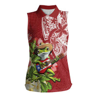 Puerto Rico Coqui Frog Women Sleeveless Polo Shirt Tropical Flowers Polynesian Style LT05 Female Red - Polynesian Pride