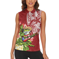Puerto Rico Coqui Frog Women Sleeveless Polo Shirt Tropical Flowers Polynesian Style LT05 - Polynesian Pride