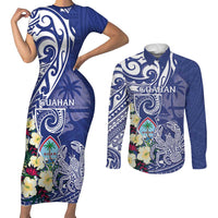 Personalised Hafa Adai Guam Couples Matching Short Sleeve Bodycon Dress and Long Sleeve Button Shirt Latte Stone With Coconut Crab LT05 Blue - Polynesian Pride