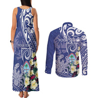 Personalised Hafa Adai Guam Couples Matching Tank Maxi Dress and Long Sleeve Button Shirt Latte Stone With Coconut Crab