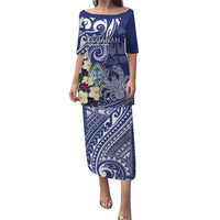 Personalised Hafa Adai Guam Family Matching Puletasi and Hawaiian Shirt Latte Stone With Coconut Crab LT05 Mom's Dress Blue - Polynesian Pride