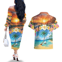 Guam Couples Matching Off The Shoulder Long Sleeve Dress and Hawaiian Shirt Eternal Summer Sunset Beach LT05 - Polynesian Pride