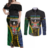 Personalised South Sea Islanders And Fiji Couples Matching Off Shoulder Maxi Dress and Long Sleeve Button Shirt Kanakas Fijian Tapa Pattern LT05 Black - Polynesian Pride