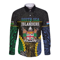 Personalised South Sea Islanders And Fiji Long Sleeve Button Shirt Kanakas Fijian Tapa Pattern LT05 Unisex Black - Polynesian Pride