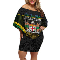 Personalised South Sea Islanders And Fiji Off Shoulder Short Dress Kanakas Fijian Tapa Pattern LT05 Women Black - Polynesian Pride