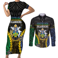 Personalised South Sea Islanders And Solomon Islands Couples Matching Short Sleeve Bodycon Dress and Long Sleeve Button Shirt Kanakas Polynesian Pattern LT05 Black - Polynesian Pride