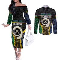 Personalised South Sea Islanders And Vanuatu Couples Matching Off The Shoulder Long Sleeve Dress and Long Sleeve Button Shirt Kanakas Sand Drawing Pattern LT05 Black - Polynesian Pride