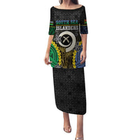 Personalised South Sea Islanders And Vanuatu Family Matching Puletasi and Hawaiian Shirt Kanakas Sand Drawing Pattern LT05 Mom's Dress Black - Polynesian Pride