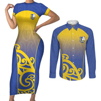 Custom James Cook High School Couples Matching Short Sleeve Bodycon Dress and Long Sleeve Button Shirt Maori Koru Pattern