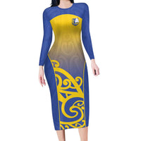 Custom James Cook High School Family Matching Long Sleeve Bodycon Dress and Hawaiian Shirt Maori Koru Pattern LT05 Mom's Dress Blue - Polynesian Pride