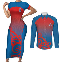 Custom St Joseph's Maori Girls' College Couples Matching Short Sleeve Bodycon Dress and Long Sleeve Button Shirt Maori Koru Pattern LT05 Blue - Polynesian Pride