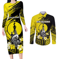 Personalised New Caledonia Day Couples Matching Long Sleeve Bodycon Dress and Long Sleeve Button Shirt Kanaky Flag Coat Of Arms Polynesian Pattern LT05 Yellow - Polynesian Pride
