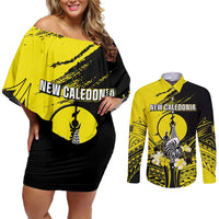 Personalised New Caledonia Day Couples Matching Off Shoulder Short Dress and Long Sleeve Button Shirt Kanaky Flag Coat Of Arms Polynesian Pattern LT05 Yellow - Polynesian Pride