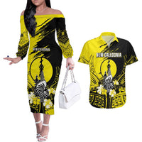 Personalised New Caledonia Day Couples Matching Off The Shoulder Long Sleeve Dress and Hawaiian Shirt Kanaky Flag Coat Of Arms Polynesian Pattern LT05 Yellow - Polynesian Pride