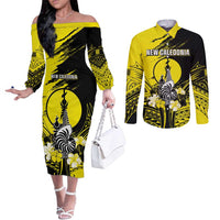 Personalised New Caledonia Day Couples Matching Off The Shoulder Long Sleeve Dress and Long Sleeve Button Shirt Kanaky Flag Coat Of Arms Polynesian Pattern LT05 Yellow - Polynesian Pride