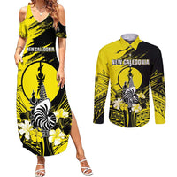 Personalised New Caledonia Day Couples Matching Summer Maxi Dress and Long Sleeve Button Shirt Kanaky Flag Coat Of Arms Polynesian Pattern LT05 Yellow - Polynesian Pride