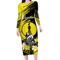 Personalised New Caledonia Day Family Matching Long Sleeve Bodycon Dress and Hawaiian Shirt Kanaky Flag Coat Of Arms Polynesian Pattern LT05 Mom's Dress Yellow - Polynesian Pride