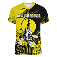 Personalised New Caledonia Day Women V-Neck T-Shirt Kanaky Flag Coat Of Arms Polynesian Pattern LT05 Female Yellow - Polynesian Pride