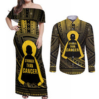 Personalised Polynesia Childhood Cancer Awareness Couples Matching Off Shoulder Maxi Dress and Long Sleeve Button Shirt You Are Stronger Than Cancer LT05 Black - Polynesian Pride