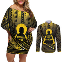 Personalised Polynesia Childhood Cancer Awareness Couples Matching Off Shoulder Short Dress and Long Sleeve Button Shirt You Are Stronger Than Cancer LT05 Black - Polynesian Pride