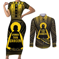 Personalised Polynesia Childhood Cancer Awareness Couples Matching Short Sleeve Bodycon Dress and Long Sleeve Button Shirt You Are Stronger Than Cancer LT05 Black - Polynesian Pride
