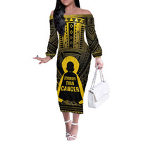 Personalised Polynesia Childhood Cancer Awareness Off The Shoulder Long Sleeve Dress You Are Stronger Than Cancer LT05 Women Black - Polynesian Pride