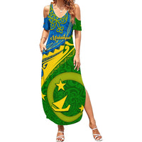 Malampa Day Family Matching Summer Maxi Dress and Hawaiian Shirt Sand Drawing Vanuatuan Pattern LT05 Mom's Dress Green - Polynesian Pride