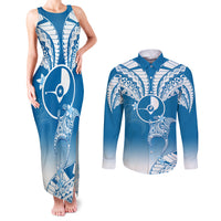 Personalised FSM Yap Constitution Day Couples Matching Tank Maxi Dress and Long Sleeve Button Shirt Polynesian Batoids LT05 Blue - Polynesian Pride