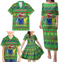 Personalised Cook Islands Christmas Family Matching Puletasi Dress and Hawaiian Shirt Santa Coat Of Arms Meri Kiritimiti LT05 - Polynesian Pride