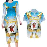 Fiji Christmas Couples Matching Long Sleeve Bodycon Dress and Hawaiian Shirt Snow Globe With Fijian Santa LT05 - Polynesian Pride