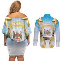 Fiji Christmas Couples Matching Off Shoulder Short Dress and Long Sleeve Button Shirt Snow Globe With Fijian Santa LT05 - Polynesian Pride