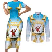 Fiji Christmas Couples Matching Short Sleeve Bodycon Dress and Long Sleeve Button Shirt Snow Globe With Fijian Santa LT05 Blue - Polynesian Pride