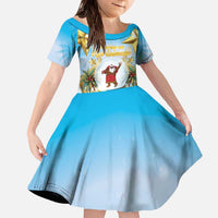 Fiji Christmas Family Matching Off The Shoulder Long Sleeve Dress and Hawaiian Shirt Snow Globe With Fijian Santa LT05 Daughter's Dress Blue - Polynesian Pride