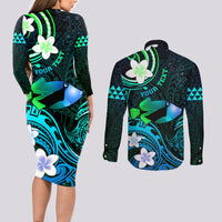 Personalised Hawaii Humuhumu Reef Triggerfish Couples Matching Long Sleeve Bodycon Dress and Long Sleeve Button Shirt Turquoise With Plumeria LT05 - Polynesian Pride