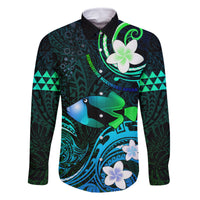 Personalised Hawaii Humuhumu Reef Triggerfish Family Matching Off Shoulder Maxi Dress and Hawaiian Shirt Turquoise With Plumeria LT05 Dad's Shirt - Long Sleeve Turquoise - Polynesian Pride