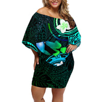 Personalised Hawaii Humuhumu Reef Triggerfish Family Matching Off Shoulder Short Dress and Hawaiian Shirt Turquoise With Plumeria LT05 Mom's Dress Turquoise - Polynesian Pride