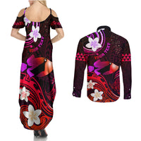 Personalised Hawaii Humuhumu Reef Triggerfish Couples Matching Summer Maxi Dress and Long Sleeve Button Shirt Maroon With Plumeria LT05 - Polynesian Pride