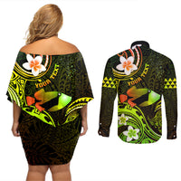 Personalised Hawaii Humuhumu Reef Triggerfish Couples Matching Off Shoulder Short Dress and Long Sleeve Button Shirt Reggae With Plumeria LT05 - Polynesian Pride