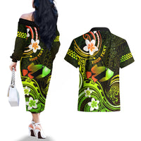 Personalised Hawaii Humuhumu Reef Triggerfish Couples Matching Off The Shoulder Long Sleeve Dress and Hawaiian Shirt Reggae With Plumeria LT05 - Polynesian Pride