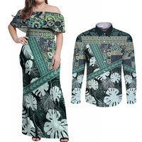 Hawaii Plant Kalo Couples Matching Off Shoulder Maxi Dress and Long Sleeve Button Shirt Hawaiian Tapa Pattern LT05 Green - Polynesian Pride