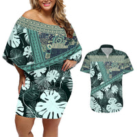 Hawaii Plant Kalo Couples Matching Off Shoulder Short Dress and Hawaiian Shirt Hawaiian Tapa Pattern LT05 Green - Polynesian Pride