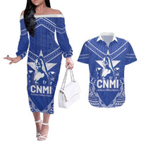 Northern Mariana Islands Couples Matching Off The Shoulder Long Sleeve Dress and Hawaiian Shirt Chamorro Warrior Tribal Pattern LT05 Blue - Polynesian Pride