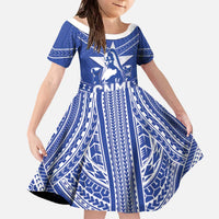 Northern Mariana Islands Family Matching Off The Shoulder Long Sleeve Dress and Hawaiian Shirt Chamorro Warrior Tribal Pattern LT05 Daughter's Dress Blue - Polynesian Pride