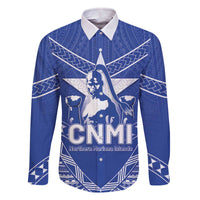 Northern Mariana Islands Family Matching Off The Shoulder Long Sleeve Dress and Hawaiian Shirt Chamorro Warrior Tribal Pattern LT05 Dad's Shirt - Long Sleeve Blue - Polynesian Pride