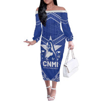 Northern Mariana Islands Family Matching Off The Shoulder Long Sleeve Dress and Hawaiian Shirt Chamorro Warrior Tribal Pattern LT05 Mom's Dress Blue - Polynesian Pride