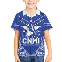 Northern Mariana Islands Family Matching Off Shoulder Maxi Dress and Hawaiian Shirt Chamorro Warrior Tribal Pattern LT05 Son's Shirt Blue - Polynesian Pride